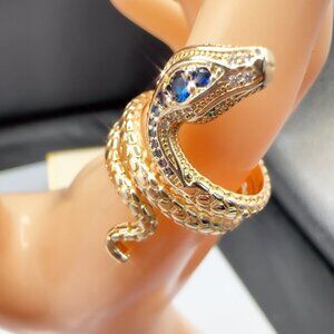 Gold Snake Ring With Blue & Clear Stones Serpent Design size 7